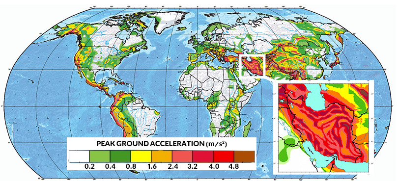نقشه مقایسه زلزله خیز بودن مناطق مختلف جهان و ایران بر اساس شاخص PGA